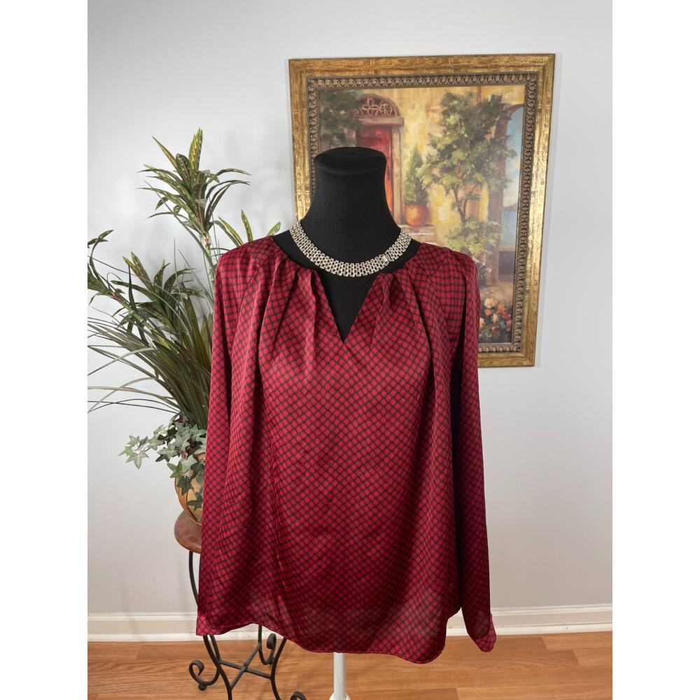 Worthington Blouse Top Women's L Red Black Geometric Modern Bold Minimalist